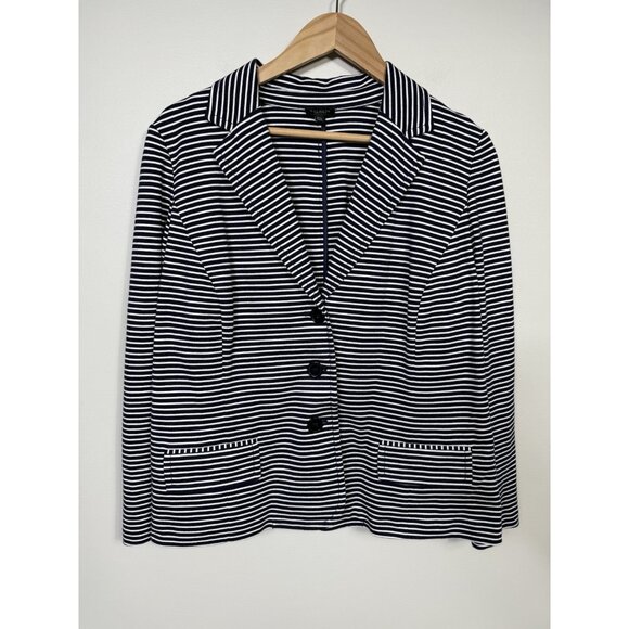 Talbots Cotton Blazer Women 2X Petite Navy Blue Striped Classic Nautical Comfort - Picture 1 of 9